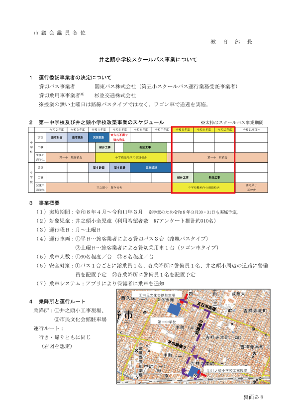 井之頭小学校スクールバス事業の概要を示した文書の1ページ目で、運行事業者、第一中学校と井之頭小学校の改築スケジュール、事業概要、乗降所とルート図が掲載されている。