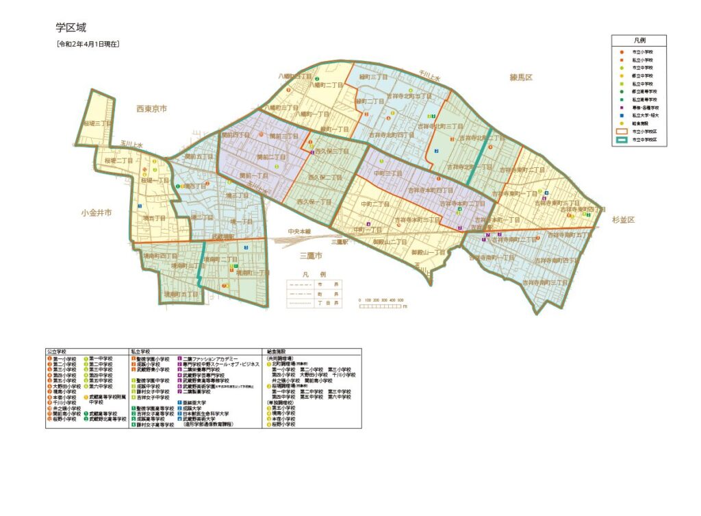 武蔵野市の学区域を示した地図で、小学校区と中学校区が色分けされ、御殿山1丁目や吉祥寺本町3丁目を含む井之頭小学校区の位置も表示されている。