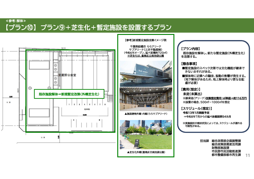 武蔵野公会堂の将来構想「プラン⑩」を示した資料。既存施設を解体し、外構を芝生広場として整備するとともに、新たな暫定施設を設置する配置図を掲載。参考事例として千葉県船橋市「ららアリーナ」と豊島区立南池袋公園の写真を掲載し、概算費用やスケジュール（令和13年1月開館予定、休館約54か月）などがまとめられている。